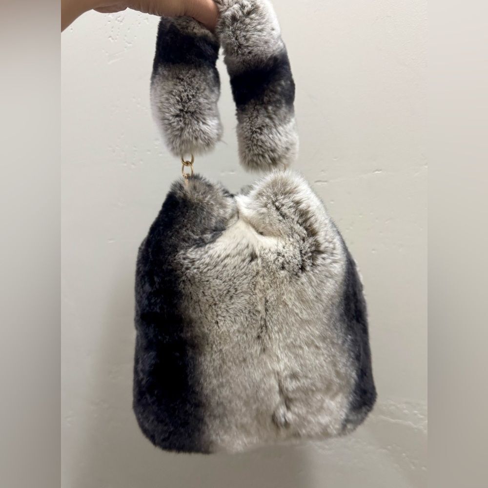Handmade 2 Tone Real Rex Rabbit Fur Drawstring Bucket Bag,Includes 2 Straps - Picture 9 of 15